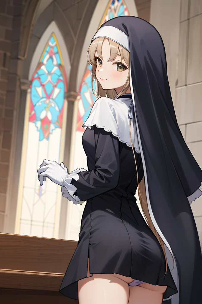 masterpiece, best quality, highres, aasister, long hair, nun, habit, white capelet, neck ribbon, (black short dress:1.2), long sleeves, white gloves, full-length zipper, church, indoors, standing,ass,from back,,looking viewer,smile,(((panties)))