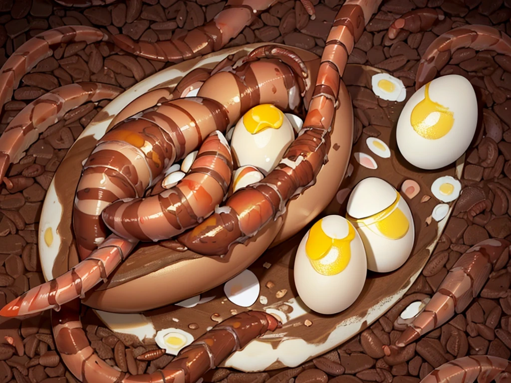 (Create a masterpiece: 1.2),(CGI art:1.3),(realistic:1.5),(After processing:1.3),(Sharp focus:1.3), (several eggs, worms:1.8) ,middle of the road,( Fire blazes behind:1.3)