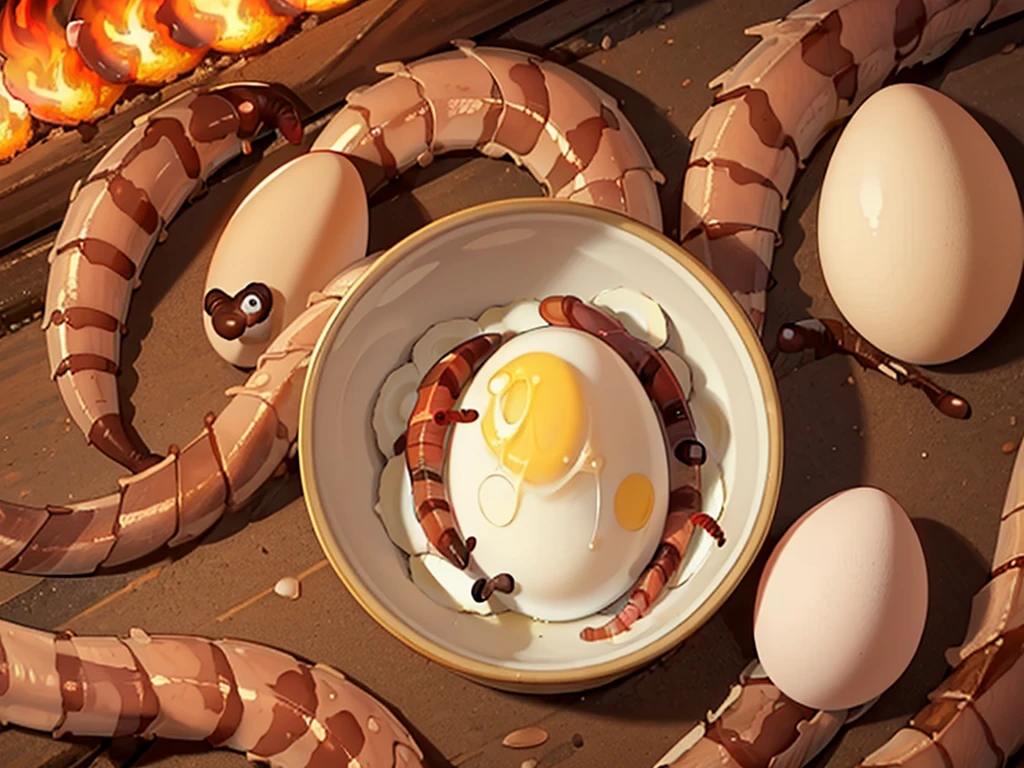(Create a masterpiece: 1.2),(CGI art:1.3),(realistic:1.5),(After processing:1.3),(Sharp focus:1.3),  (several eggs, worms:1.8) ,middle of the road,( Fire blazes behind:1.3)