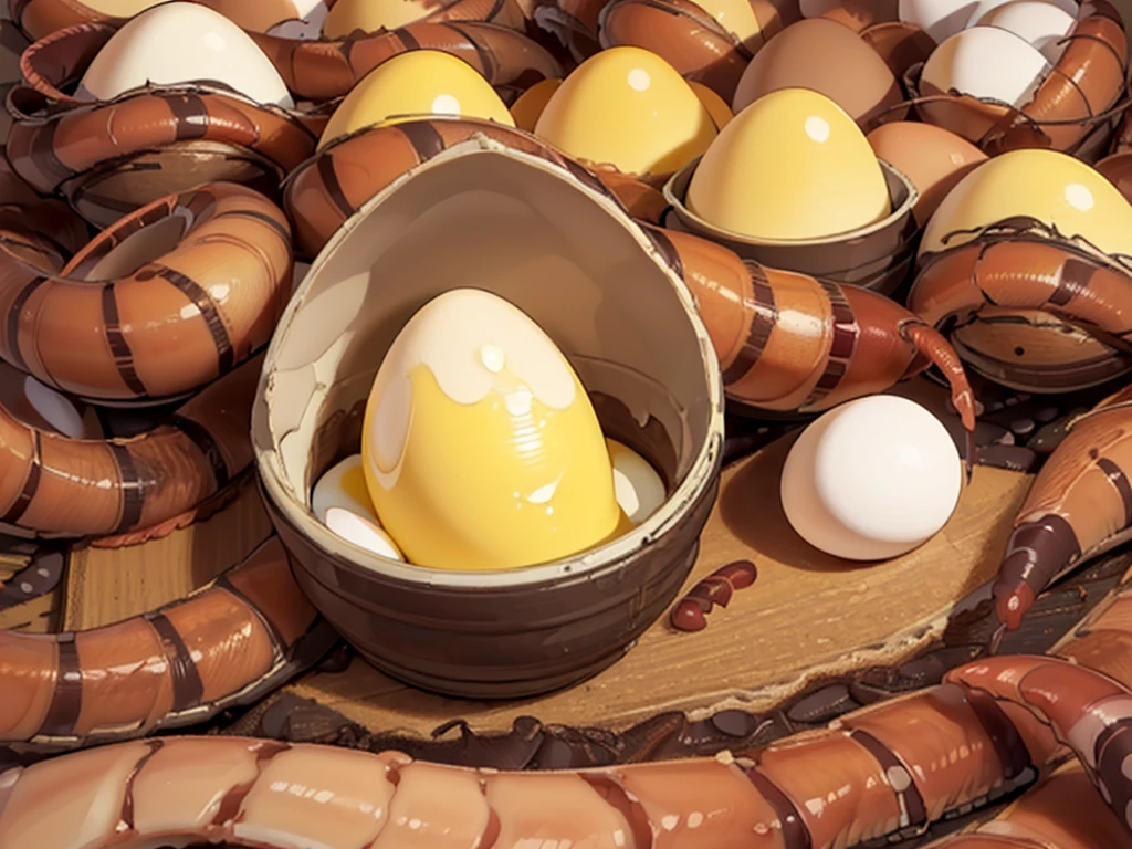 (Create a masterpiece: 1.2),(CGI art:1.3),(realistic:1.5),(After processing:1.3),(Sharp focus:1.3), (several eggs, worms:1.8) ,middle of the road,( Fire blazes behind:1.3)
