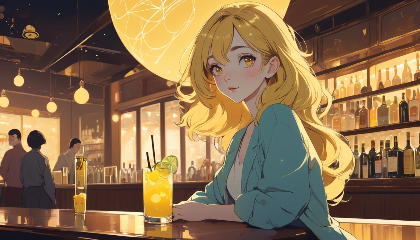 Beautiful woman,Holding a yellow cocktail at the bar, Wide-angle lens, Lofi Anime, Lofi illustration, Aesthetic atmosphere, Lo-Fi Style, Vector art, Flat Design, Simple shape, Warm tones, Pleasant atmosphere, Chill, In anime style, Digital drawing, Vector art, Vector logo for t-shirt printing, (Adorable:1.5), (small:1.4), (Playful:1.2), (soft:1.3), (Whimsical:1.1), masterpiece, Highest quality, 8k, Intricate details, grow, Celestial, Mysterious, Picturesque, amazing, Majestic, Magic, Fantasy art, Cover art, dream-like