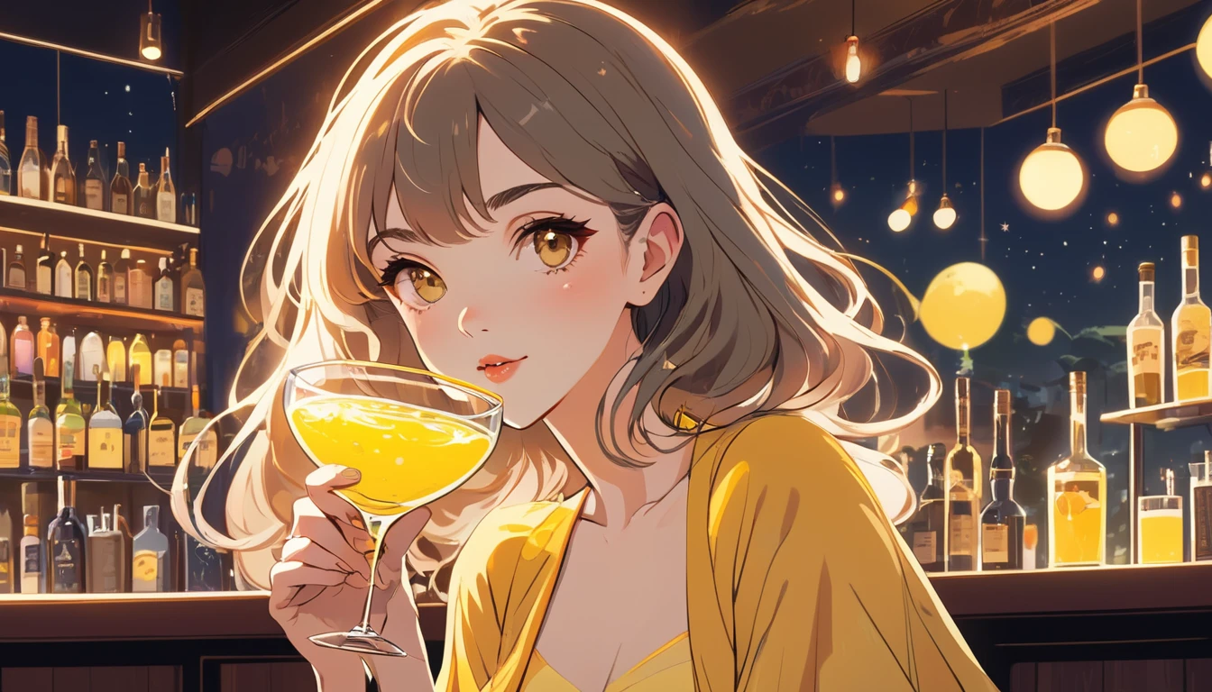 Beautiful woman,Holding a yellow cocktail at the bar, Wide-angle lens, Lofi Anime, Lofi illustration, Aesthetic atmosphere, Lo-Fi Style, Vector art, Flat Design, Simple shape, Warm tones, Pleasant atmosphere, Chill, In anime style, Digital drawing, Vector art, Vector logo for t-shirt printing, (Adorable:1.5), (small:1.4), (Playful:1.2), (soft:1.3), (Whimsical:1.1), masterpiece, Highest quality, 8k, Intricate details, grow, Celestial, Mysterious, Picturesque, amazing, Majestic, Magic, Fantasy art, Cover art, dream-like