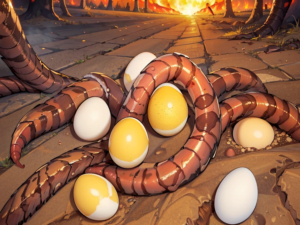 (Create a masterpiece: 1.2),(CGI art:1.3),(realistic:1.5),(After processing:1.3),(Sharp focus:1.3), (several eggs, worms:1.8) ,middle of the road,( Fire blazes behind:1.3)