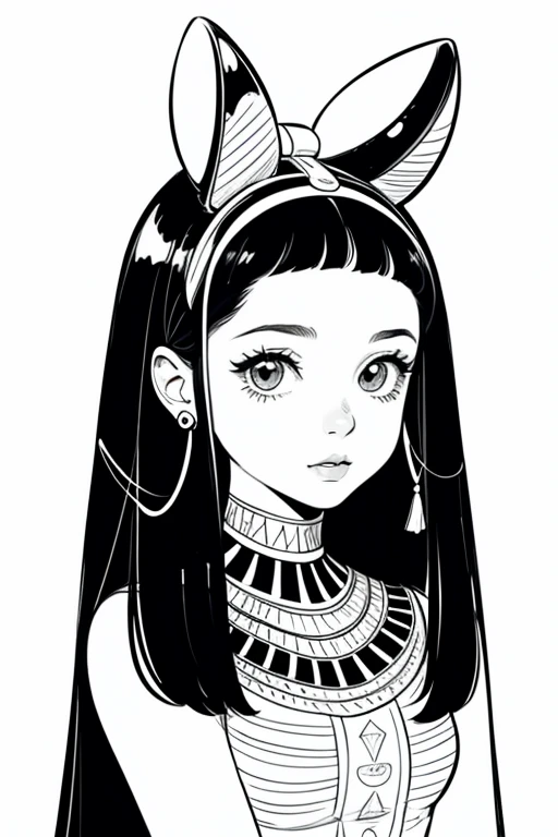 Create a Lineart of a cute egyptian girl, for coloring book for kids, vector illustration, without inside shading or colors, no black or dark shading anywhere, black and white, crisp dark thick line art. Decorate the rest of the area around with mystic designs