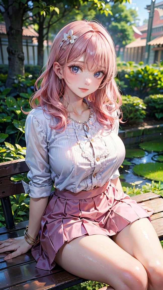 (Masterpiece, BestQuality:1.3), (ultra detailed:1.2), (hyperrealistic:1.3), (RAW photo:1.2), High detail RAW color photo, professional photograph, (Photorealistic:1.4), (realistic:1.4), professional lighting, perfect anatomy, (Big Breasts:1.2), (blush, detailed face), (cheerful Smile:1.5), Trending Hair&Trending Hairカラーをランダムに, earrings, necklace, bracelet, sexy, erotic sexy, Random sexy gravure poses, (Beautiful woman wearing a white blouse and pink skirt。Classical garden background。The expression is a graceful smile。Her hair is long and wavy, with pink hair.。Pose sitting on a bench。: 1.3)
