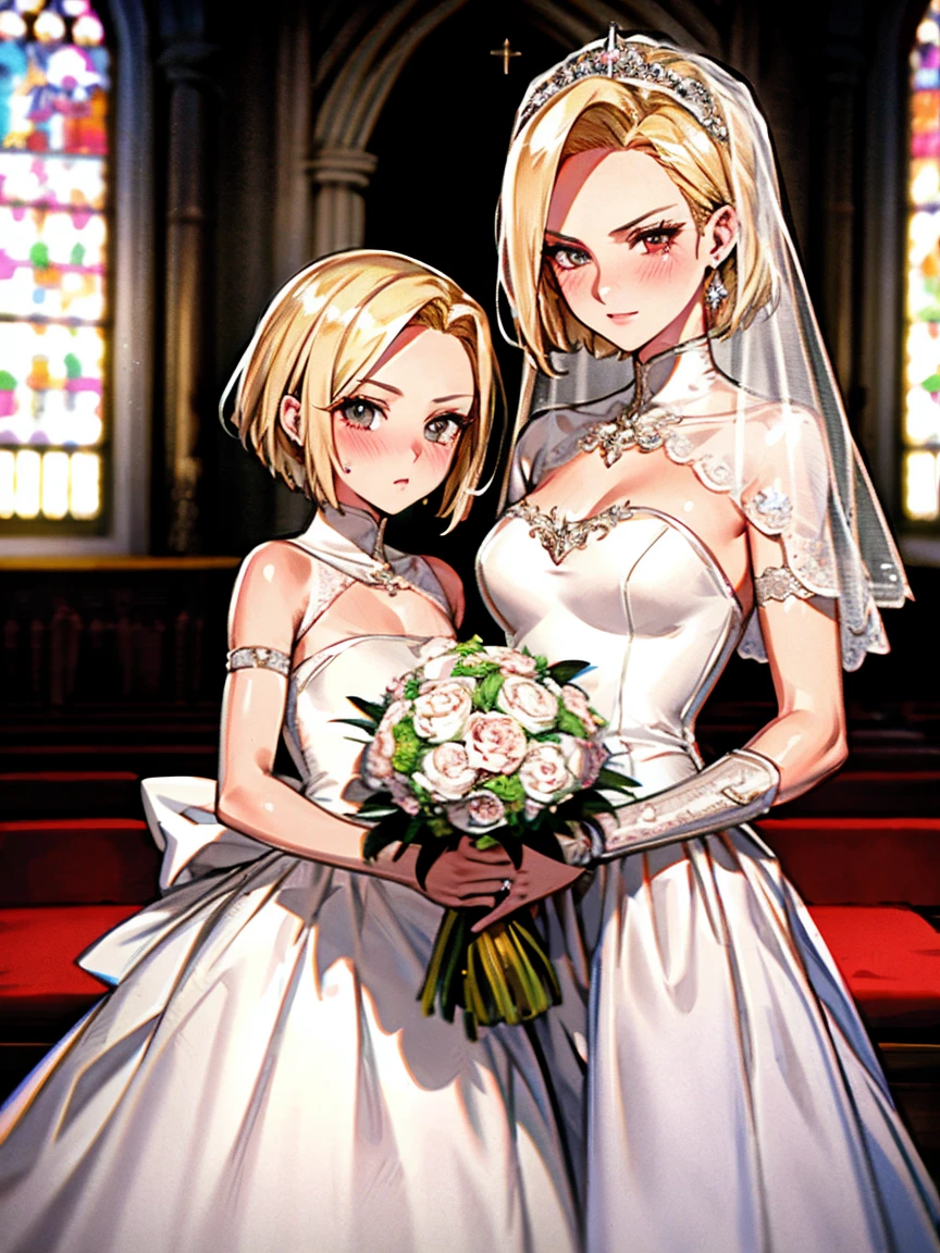 Android18number、Wedding dress, Bridal Gauntlet, Bridal Veil, wedding ring, bouquet、blush、Small breasts、church、超High resolution, retina, masterpiece, Accurate, Anatomically correct, Textured skin, Super detailed, Attention to detail, high quality, 最high quality, High resolution, 4K