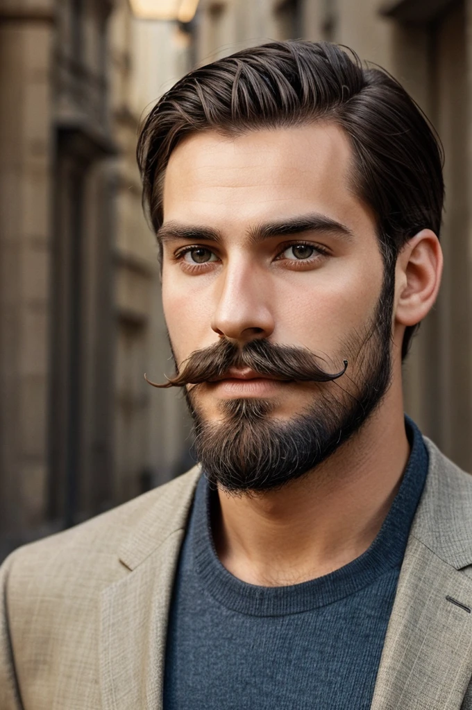 I want to create a 26 year old gentleman real looking pic with beared and French style mustache 