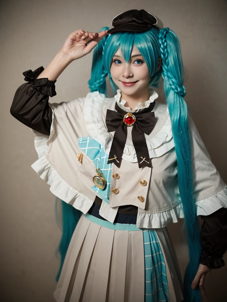 best quality, masterpiece, realistic, photorealistic, 1girl, solo, looking at viewer, smile, standing, cowboy shot, hatsune miku cosplay costume, hatsune miku, cosplay, aqua hair, twintails, very long hair, braid, capelet, long sleeves, skirt, pleated skirt, plaid, frills, bowtie, bow, hat, jewelry, brooch, grey background, 