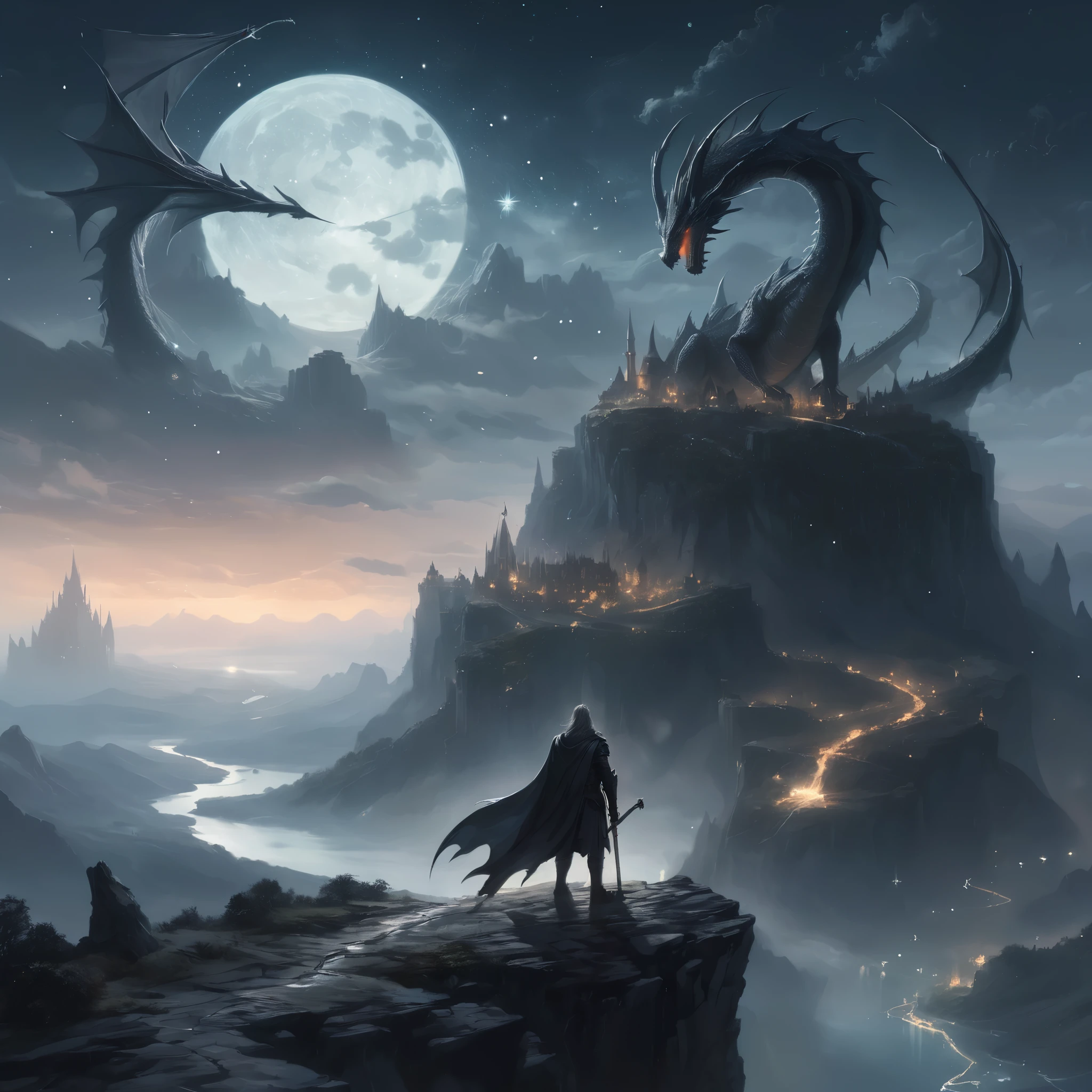 Create an epic and ethereal scene in the "WLOP style." Imagine a lone warrior standing on the edge of a cliff, overlooking a vast, mystical landscape. The warrior is clad in intricate, dark armor with a flowing cape, their hair billowing in the wind. Below the cliff, an ancient city bathed in moonlight stretches out, with towering spires and delicate bridges connecting floating islands. In the sky above, a constellation of stars forms a majestic dragon, its body shimmering with a ghostly glow. The colors should be muted and atmospheric, with a focus on contrasting light and shadow to create a sense of depth and drama. The entire scene should exude a sense of otherworldly beauty and melancholic grandeur, capturing the essence of a fantastical adventure in a mysterious realm.