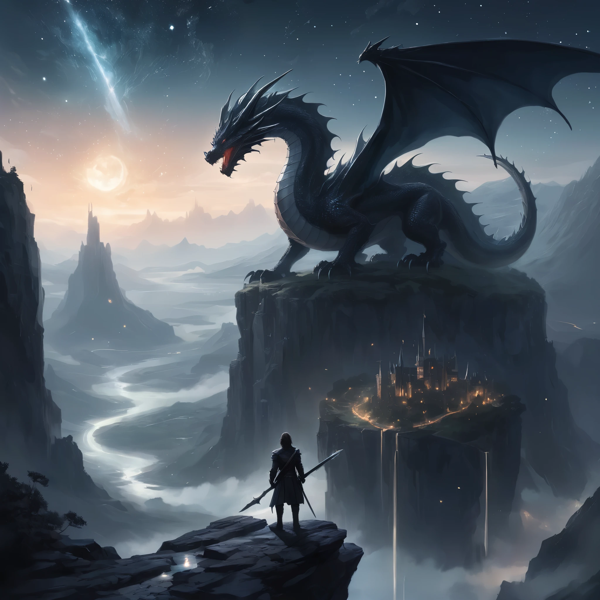 Create an epic and ethereal scene in the "WLOP style." Imagine a lone warrior standing on the edge of a cliff, overlooking a vast, mystical landscape. The warrior is clad in intricate, dark armor with a flowing cape, their hair billowing in the wind. Below the cliff, an ancient city bathed in moonlight stretches out, with towering spires and delicate bridges connecting floating islands. In the sky above, a constellation of stars forms a majestic dragon, its body shimmering with a ghostly glow. The colors should be muted and atmospheric, with a focus on contrasting light and shadow to create a sense of depth and drama. The entire scene should exude a sense of otherworldly beauty and melancholic grandeur, capturing the essence of a fantastical adventure in a mysterious realm.