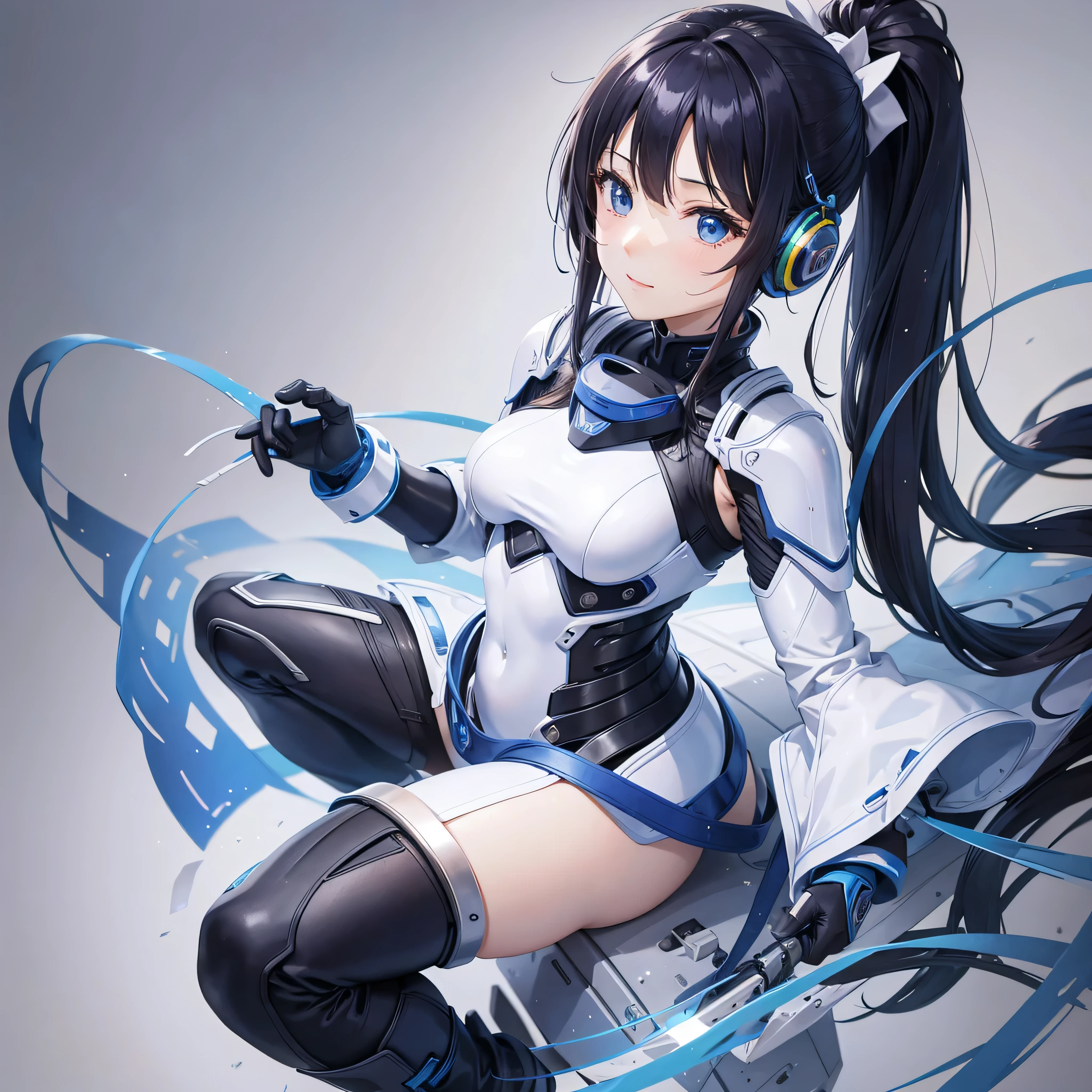 (masterpiece、Highest quality、Highest Resolution、Clear_image、Detailed details、The angle is from above): (Whole body、A girl alone、Japanese Faces、High knot ponytail、Dark blue hair girl、Sparkling blue eyes、Pilot suit in white and navy blue colors、Tight fitting clothes、Clothing that covers the whole body、Glamorous clothes、Tight Fit Pants、Clothes that hide the skin、Very delicate and beautiful、Slim body、Exoskeleton、Cute、A gentle smile、Soft expression、heroine、headset、Knee-high boots、gloves、Eye Level Shot、Face directly)、(Simple Background、White background:1.5)