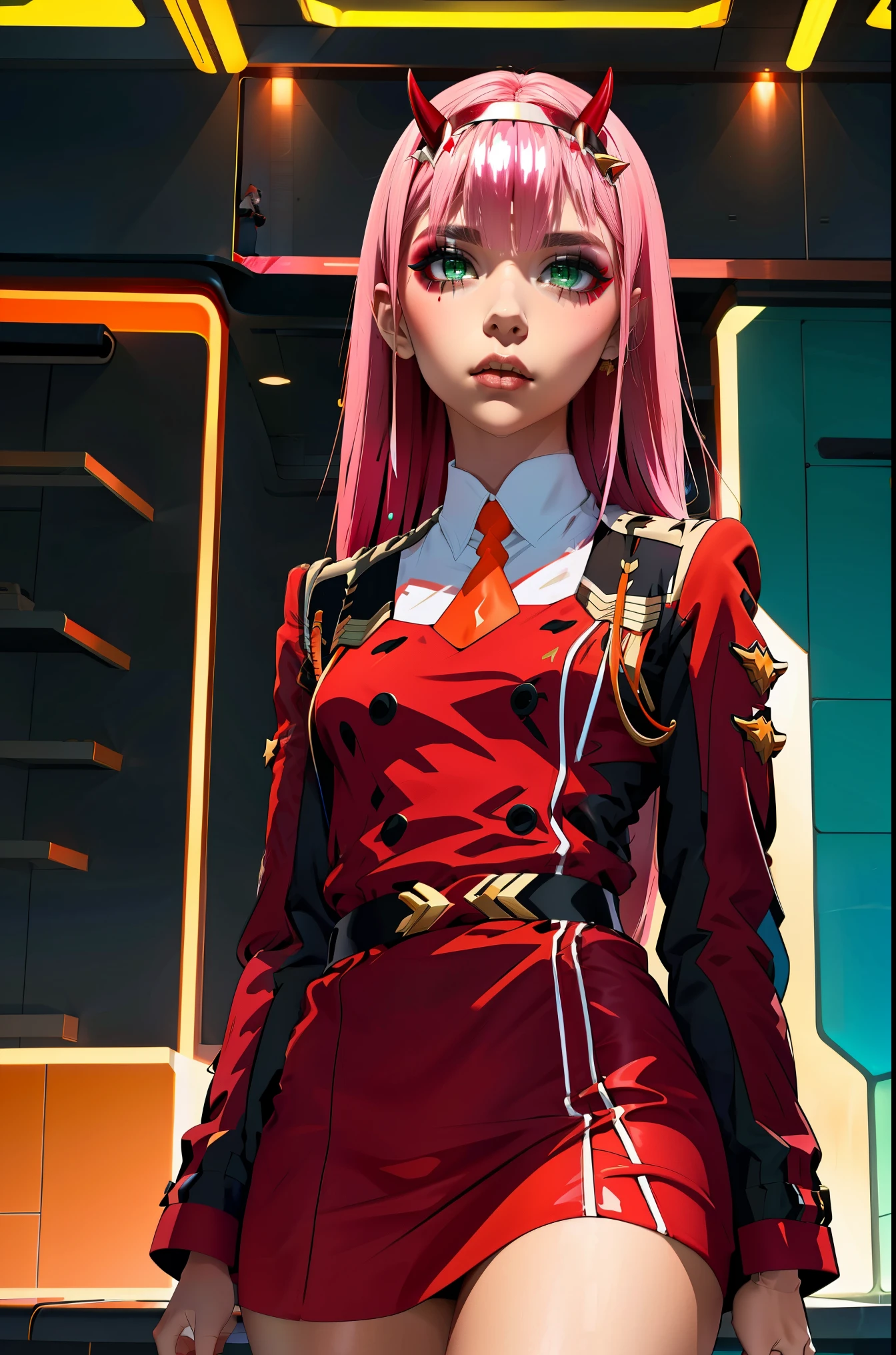 Zero-Two, Long straight and shiny pink hair, small white tiara with two small red horns, straight bangs cover the forehead, green eyes, mascara makeup, eyeshadow makeup, red military uniform with gold metal details on the shoulders, small story black with gold metal detail on the double buckle, white collar with small orange tie, six black buttons, three on each side on the front of the uniform, long red sleeves with black detail, , ((red skirt)), red skirt on top in black tight pants, inside a futuristic room with white neon lighting, teenagers in the background.