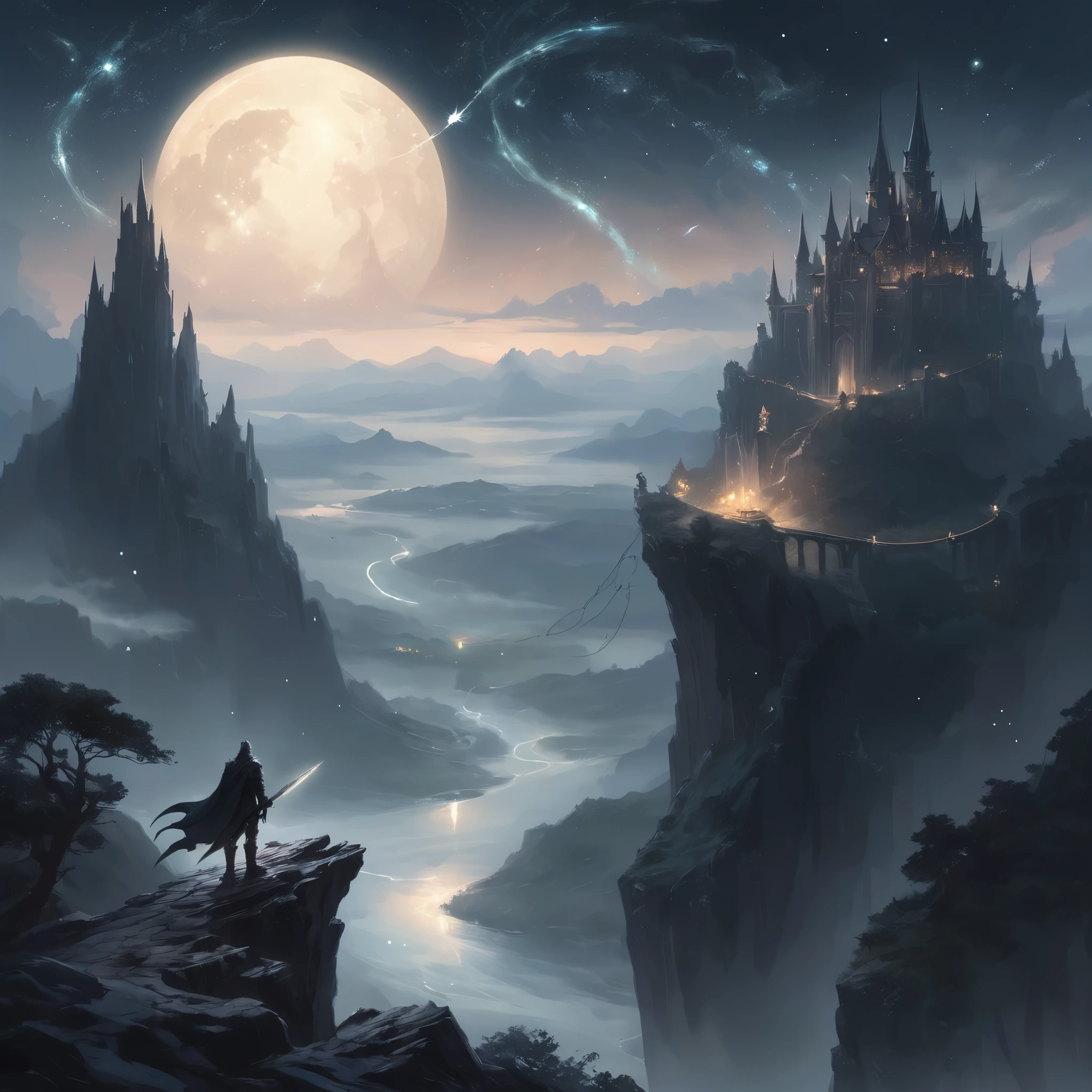 Create an epic and ethereal scene in the "WLOP style." Imagine a lone warrior standing on the edge of a cliff, overlooking a vast, mystical landscape. The warrior is clad in intricate, dark armor with a flowing cape, their hair billowing in the wind. Below the cliff, an ancient city bathed in moonlight stretches out, with towering spires and delicate bridges connecting floating islands. In the sky above, a constellation of stars forms a majestic dragon, its body shimmering with a ghostly glow. The colors should be muted and atmospheric, with a focus on contrasting light and shadow to create a sense of depth and drama. The entire scene should exude a sense of otherworldly beauty and melancholic grandeur, capturing the essence of a fantastical adventure in a mysterious realm.