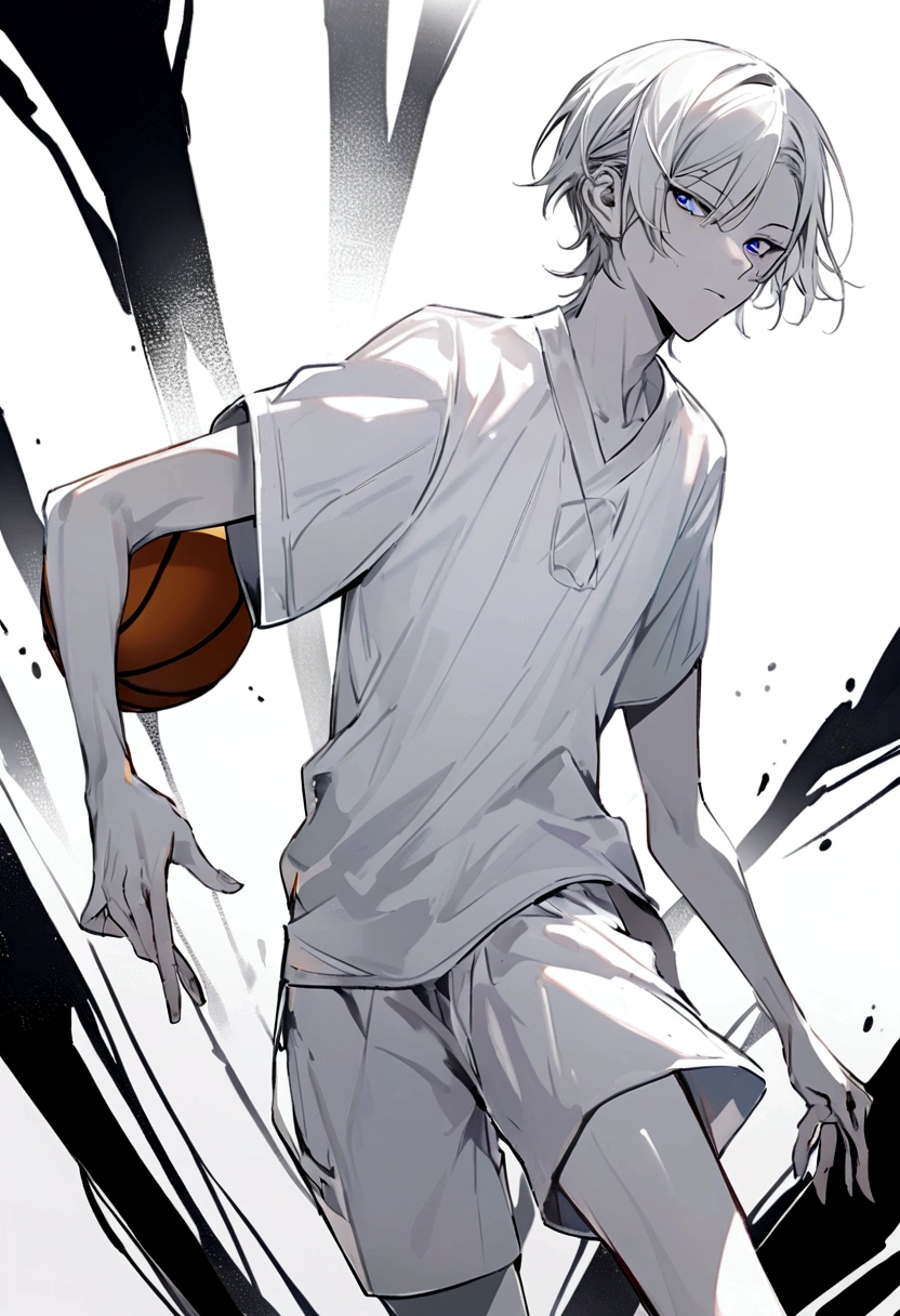 Male version,Skinny rail shape,white skin,Hairstyle set with side bangs,Wearing a white basketball shirt,white shorts,very handsome,Wear long white socks.,There is only a small scar on the face.