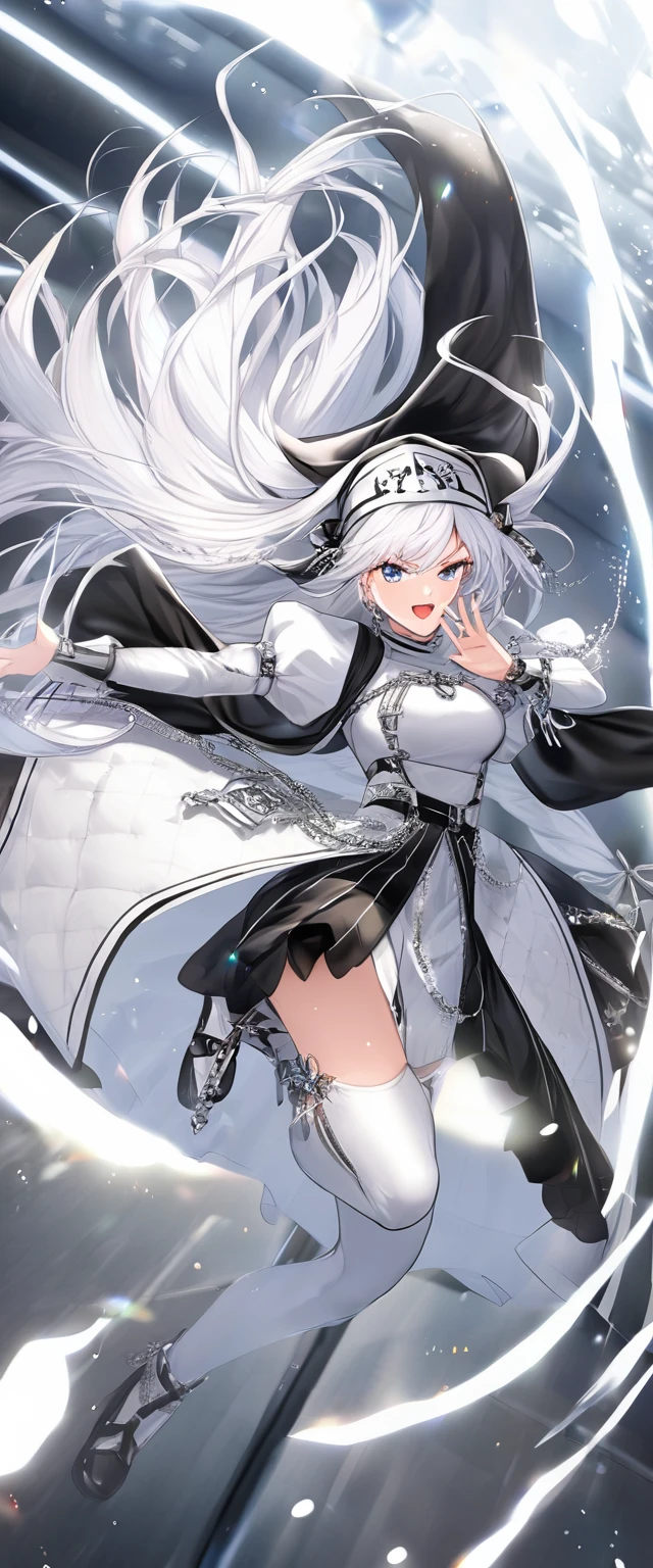 Character (white long hair) (lots of accessories and exaggerated silver jewelry) (nun manga-style clothing) (character in dynamic pose)