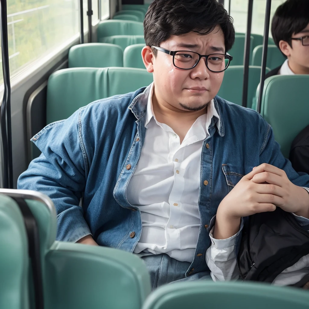 A fat, ugly young man wearing glasses is crying on the bus。No one else。