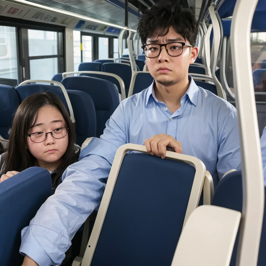 A fat, ugly young man wearing glasses is crying on the bus。No one else。