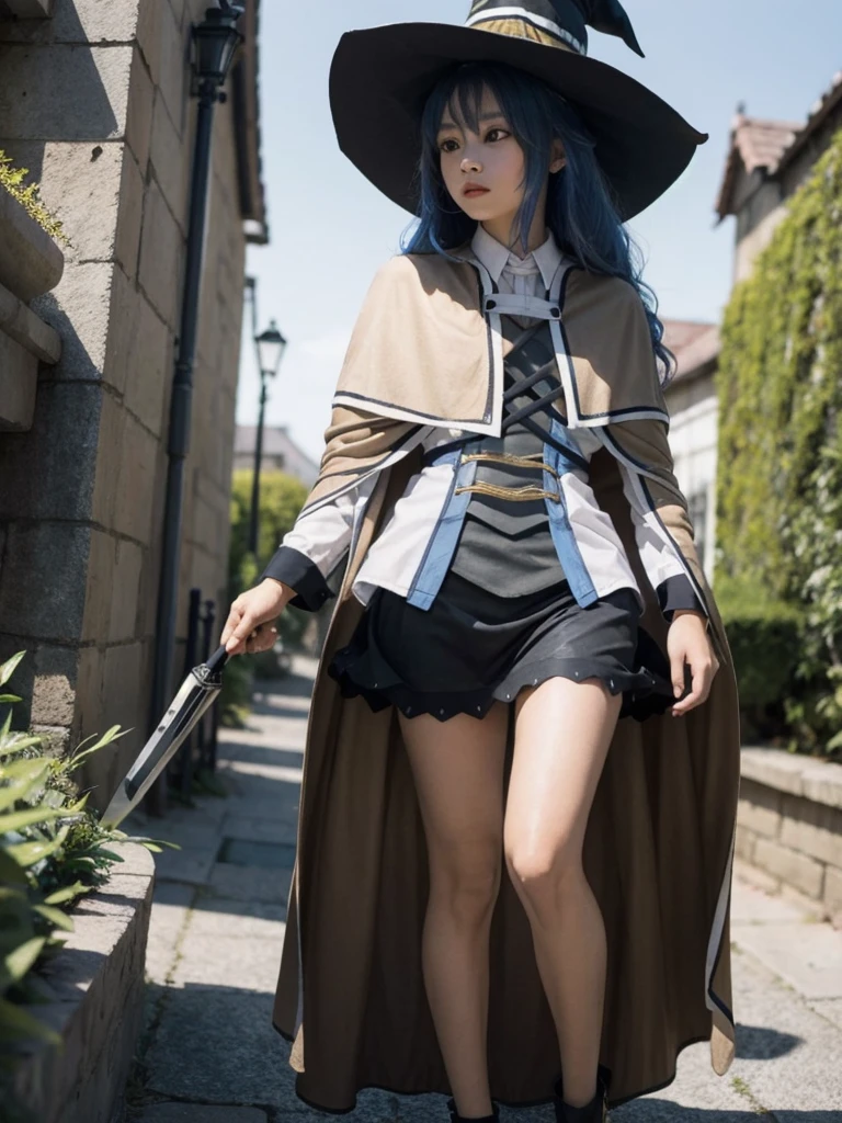 masterpiece, Highest quality, One girl,Witch Hat,Blue Hair,Very long hair,Twin Blade,Hair Ribbon,blue eyes,Brown cape,Long sleeve, Black Skirt