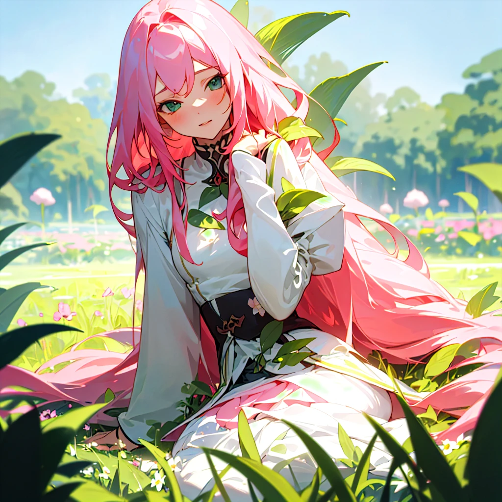 (masterpiece, best quality),candid view irresistable girl with long pink hair sitting in a field of green plants and flowers, her hand holding her skirt, volumetric lighting effwct white sexy outfit blurry foreground