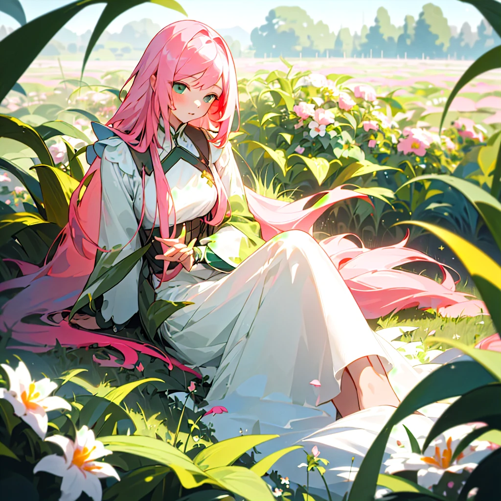 (masterpiece, best quality),candid view irresistable girl with long pink hair sitting in a field of green plants and flowers, her hand holding her skirt, volumetric lighting effwct white sexy outfit blurry foreground