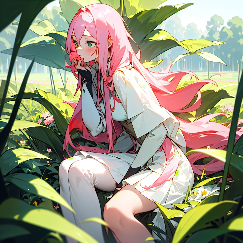 (masterpiece, best quality),candid view irresistable girl with long pink hair sitting in a field of green plants and flowers, her hand holding her skirt, volumetric lighting effwct white sexy outfit blurry foreground