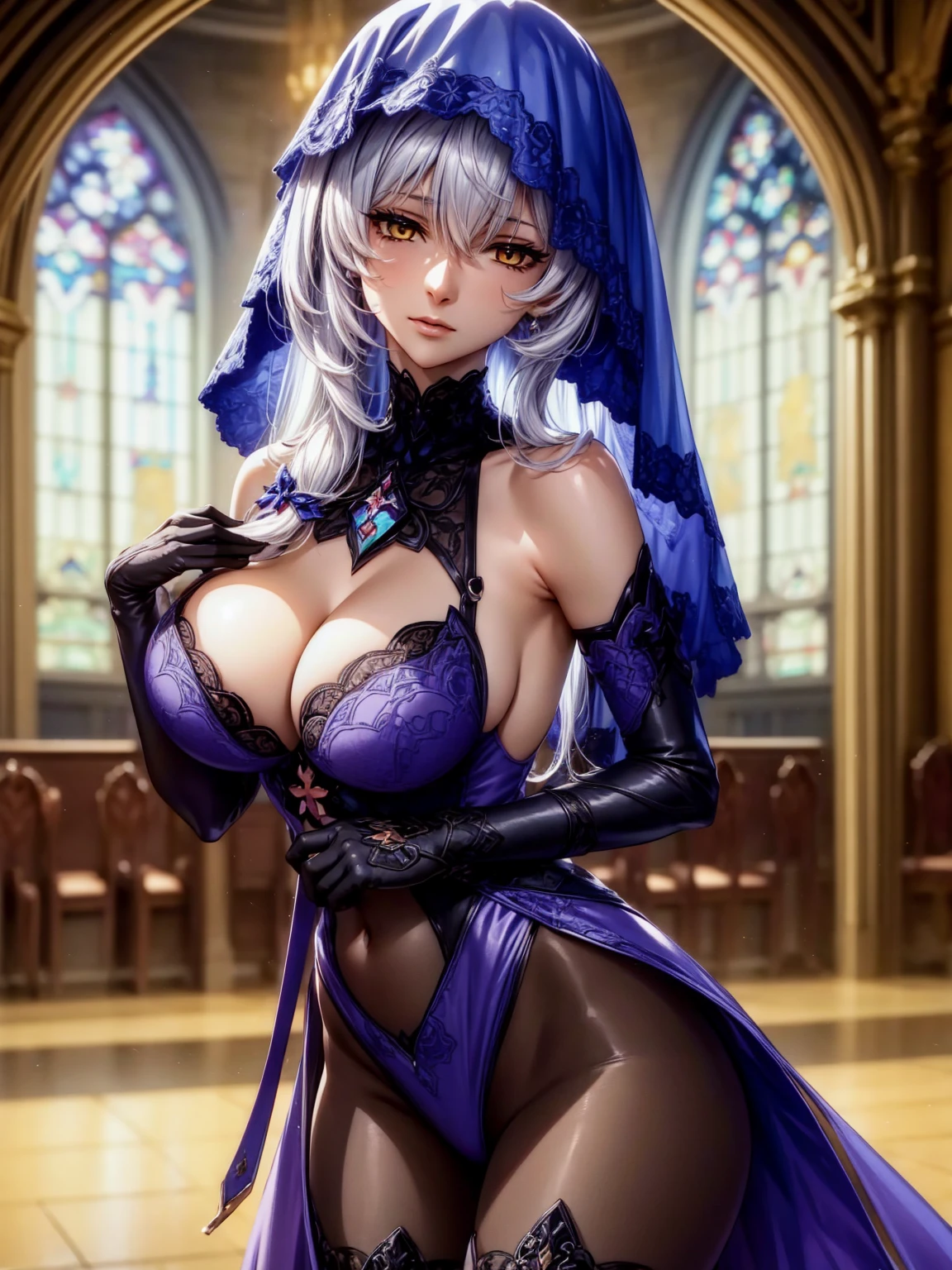(top-quality、tmasterpiece、Very high resolution、super high image quality、High-quality pixels)、perfect eyes, perfect face, solo,8K, G cup breast,(Detailed description of hair), (Detailed description of face),(Detailed description of body), fair and clear skin, matchless beauty, long legged, facing the audience, professional photographic lighting,blackswan, black swan, hair between eyes, long hair, (yellow eyes:1.2), very long hair, white hair, long face, BREAK arm belt, bare shoulders, cleavage, covered navel, dress, elbow gloves, gloves, purple dress, sleeveless, sleeveless dress, veil, black pantyhose, BREAK indoors, church, BREAK (cowboy shot:1.5),cross-shape jewel on chest