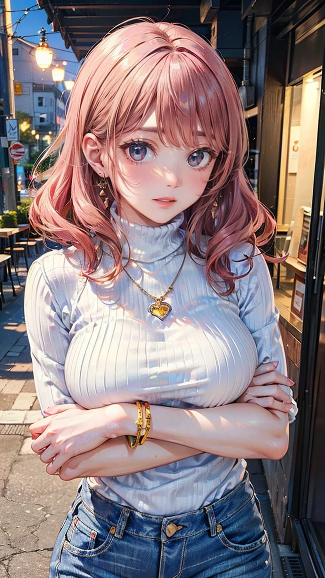 (Masterpiece, BestQuality:1.3), (ultra detailed:1.2), (hyperrealistic:1.3), (RAW photo:1.2), High detail RAW color photo, professional photograph, (Photorealistic:1.4), (realistic:1.4), professional lighting, perfect anatomy, (Big Breasts:1.2), (blush, detailed face), (cheerful Smile:1.5), Trending Hair&Trending Hairカラーをランダムに, earrings, necklace, bracelet, sexy, erotic sexy, Random sexy gravure poses, (Beautiful woman wearing a white turtleneck and jeans。The background is an urban cafe。A relaxed smile on your face。Her hairstyle is medium curls and pink.。: 1.3)