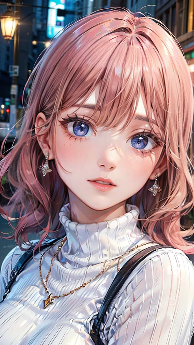 (Masterpiece, BestQuality:1.3), (ultra detailed:1.2), (hyperrealistic:1.3), (RAW photo:1.2), High detail RAW color photo, professional photograph, (Photorealistic:1.4), (realistic:1.4), professional lighting, perfect anatomy, (Big Breasts:1.2), (blush, detailed face), (cheerful Smile:1.5), Trending Hair&Trending Hairカラーをランダムに, earrings, necklace, bracelet, sexy, erotic sexy, Random sexy gravure poses, (Beautiful woman wearing a white turtleneck and jeans。The background is an urban cafe。A relaxed smile on your face。Her hairstyle is medium curls and pink.。: 1.3)