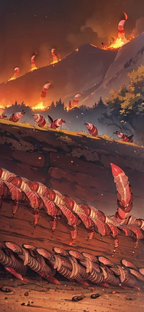 (several worms jump:1.8) ,middle of the road,(Fire blazes behind:1.3)