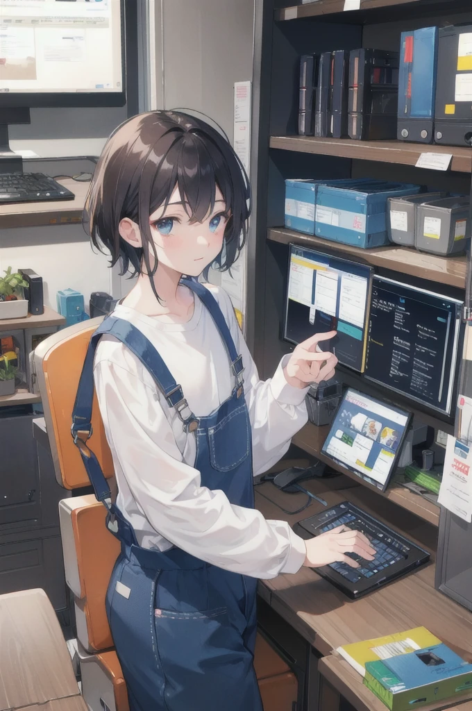 A university student wearing overalls and working on farming、He farms while holding a computer in one hand and talking to an AI.。I'm happy to have tomatoes。The tomatoes are still green and unripe.。