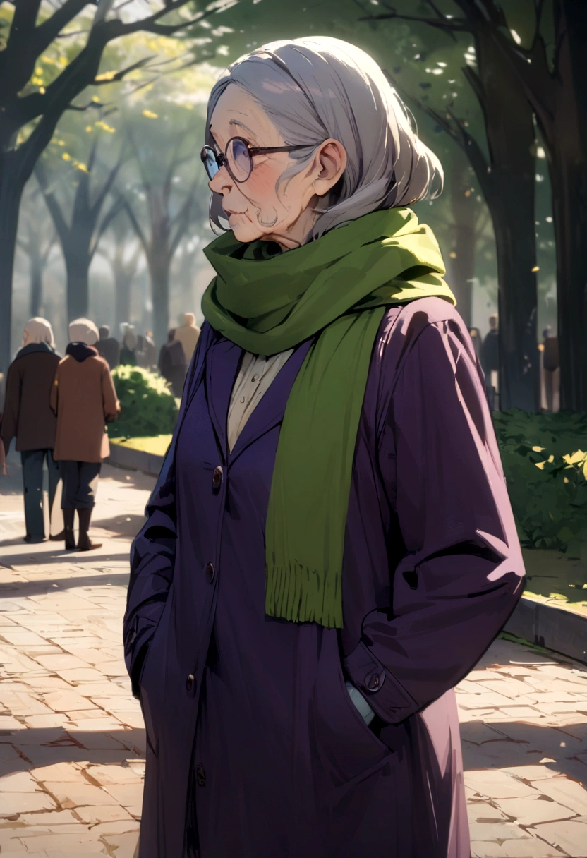 masterpiece, best quality, an old woman with glasses and a scarf on, wearing a purple coat and green scarf, standing at the park