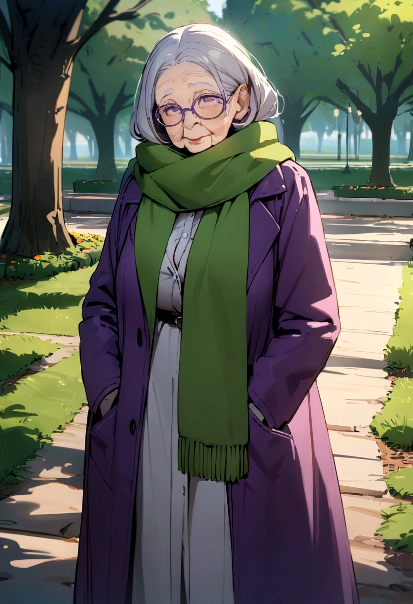 masterpiece, best quality, an old woman with glasses and a scarf on, wearing a purple coat and green scarf, standing at the park