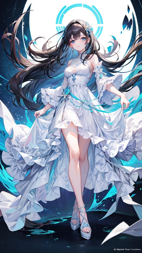 20 year old WOMAN, with long dark hair and a white dress with light blue details, a chic evening dress. 4k high quality. Draw style, digital art style, non-realistic