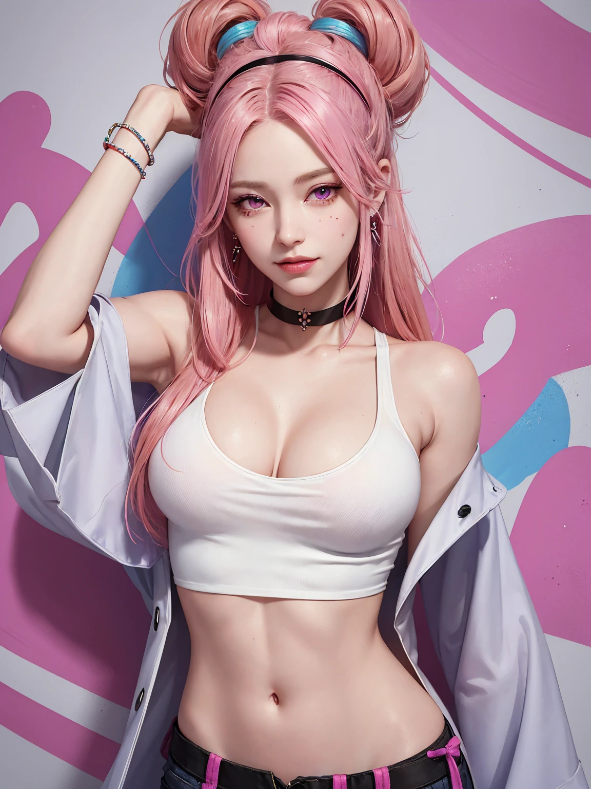 (Masterpiece, best quality, 1 girl, alone, complicated details, Chromatic aberration), realistic, ((Moderate breath)),long hair, pink hair, Red headpiece, Pink Highlights, hair on one eye,purple eyes, earring, sharp eyes, choker, Neon coat, She wears a collar, bangle, and kimono style garters., crop top, (symmetrical eyes),(Perfect symmetrical body),against the wall, Brick wall, (colorful graffiti words on the wall:1.2), The light is dim., alley ,Look at the viewer.、Dig the chest、smile、(sleeveless、Navel touch、Fitted turtleneck.)、street string hot pants、Thin bottom、Please build above the eaves..、Thin shoulders、in underwear、