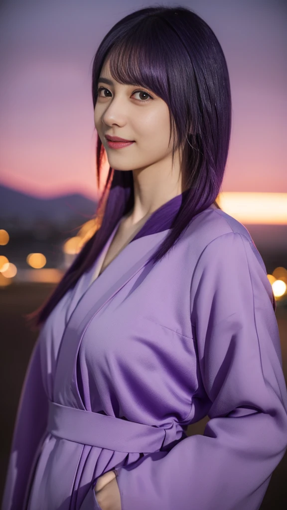 1girl, sumire anime boruto, purple hair, purple eyes, beautifull, smile, purple clothes, city background, ultra detail, realistic, red lips