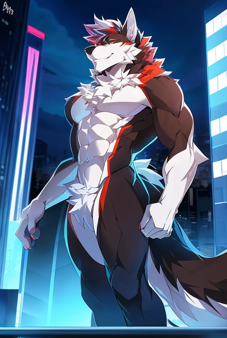 ((Solo)), male people, anthro wolf, (Multi-colored fur, White tail pointed), (Height 3meters,Tail length 2meters), Abs, pinginuscular, A long big tail, by patto, modern city