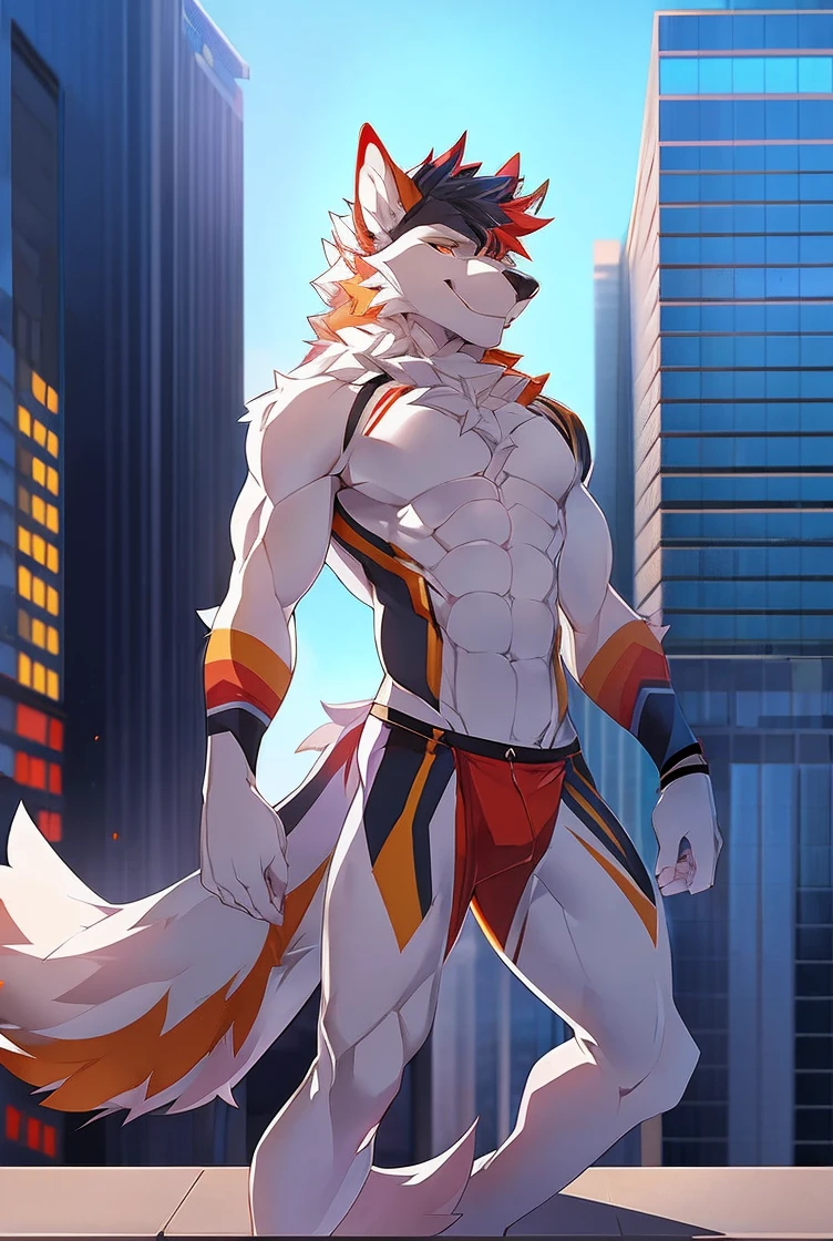 ((Solo)), male people, anthro wolf, (Multi-colored fur, White tail pointed), (Height 3meters,Tail length 2meters), Abs, pinginuscular, A long big tail, by patto, modern city