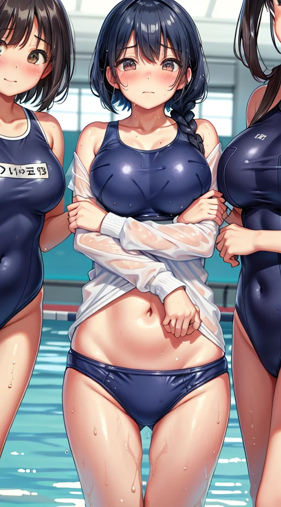 highest quality、High resolution、Swimsuit with detailed description、masterpiece、Cute teenage girls、Lots of junior high school girls、Shiny navy blue school swimsuit、brown hair、bob cut、braided ponytail、Cute braided hairstyles、(huge breasts:1.2)、realistic images、perfect body line、thick thighs、 (A close-up of three beautiful girls wearing wet small school swimsuits in the school pool:1.5))、Close-up of swimsuit from below、look at me with cold eyes、Swimsuits that glow when wet、the whole body is wet、Hair is also wet、Everything is big, No place to step, packed, All braless, The number of female junior high school students is increasing, Sweat, shortness of breath, Big Junior High School Girl, Sigh, Shyness, blush, Plump, everyone hug, everyone hug, hug, Big Tits Cute