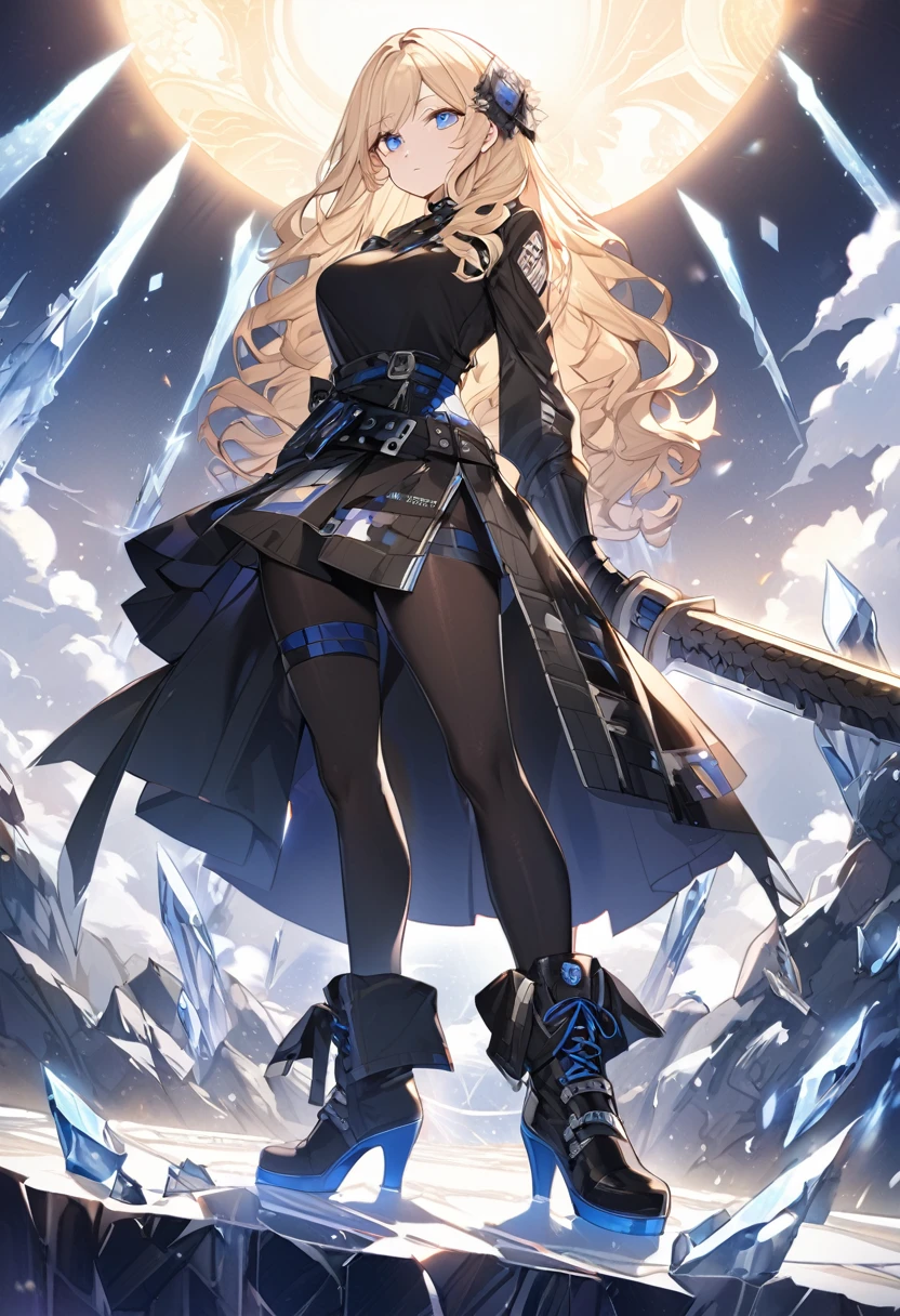 Blonde　Wavy Hair　Blue Eyes　Fair skin　Break　Japanese　Expressionless　Mature　beautiful girl　17 years old　168㎝　Different world　Punk Fashion　dawn　sun　iceの地面　Diamond dust　Large Breasts　stand　Beautiful buttocks　Beautiful feet　thin feet　strict　ice　Black boots