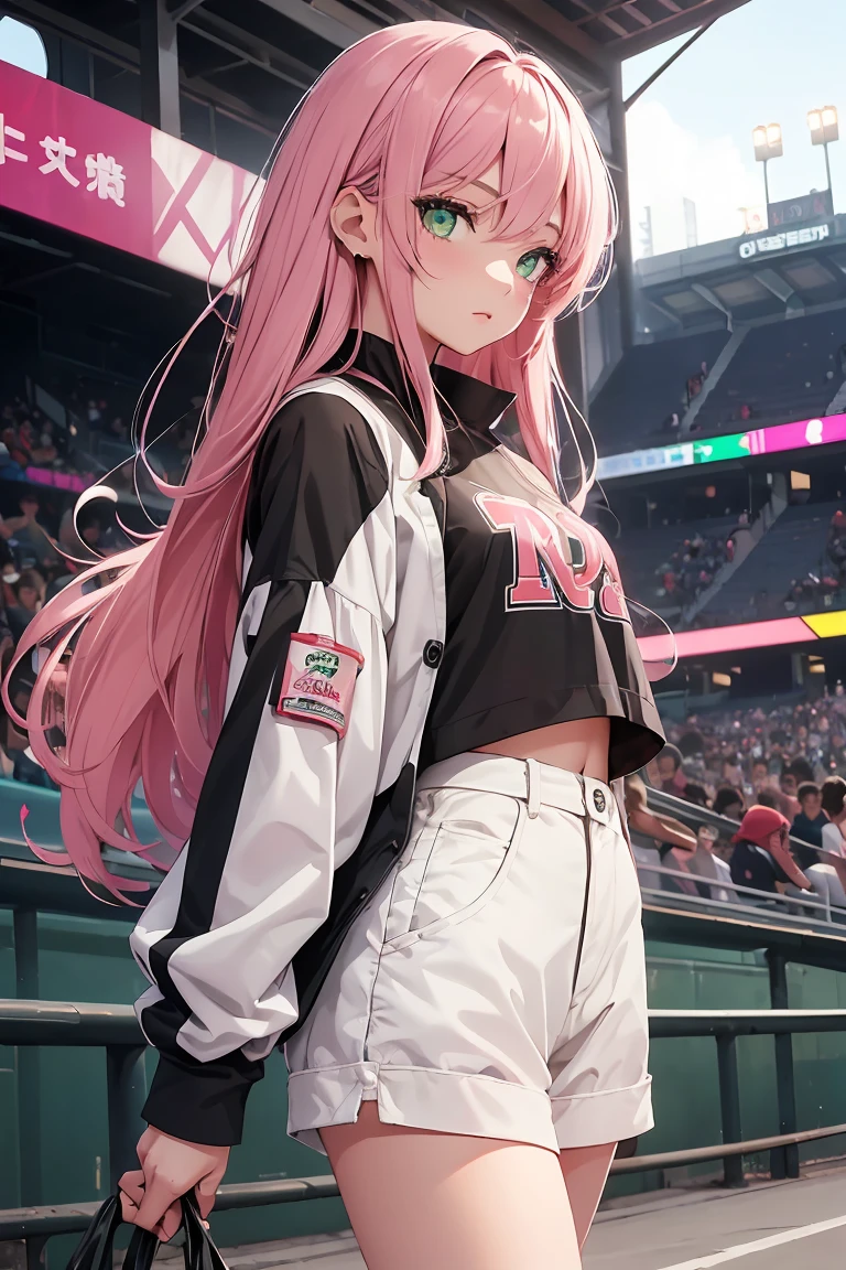((1 girl)), Latest Fashion Trends ,Beer seller, Stadium, Shorts,((Very detailed,Highest quality, High resolution, 8k wallpaper, Beautiful clothes,)),((Pink Hair, Long Hair,Straight hair,Both sides up)) ,(Green Eyes),eye shadow, eyeliner,Glow Eye, Very detailedな目, Complex eyes, Beautiful Eyes, 輝くGreen Eyes,18-year-old girl, peek
