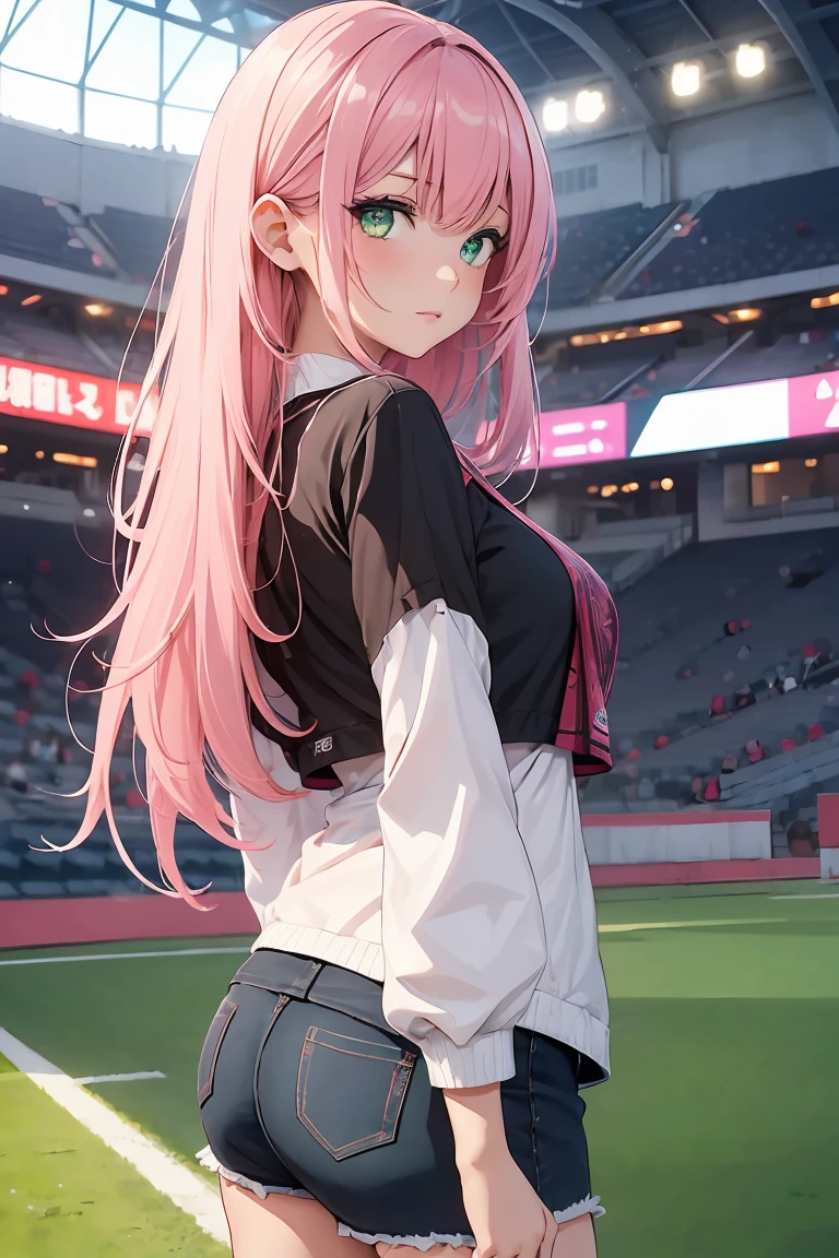 ((1 girl)), Latest Fashion Trends ,Beer seller, Stadium, Shorts,((Very detailed,Highest quality, High resolution, 8k wallpaper, Beautiful clothes,)),((Pink Hair, Long Hair,Straight hair,Both sides up)) ,(Green Eyes),eye shadow, eyeliner,Glow Eye, Very detailedな目, Complex eyes, Beautiful Eyes, 輝くGreen Eyes,18-year-old girl, peek