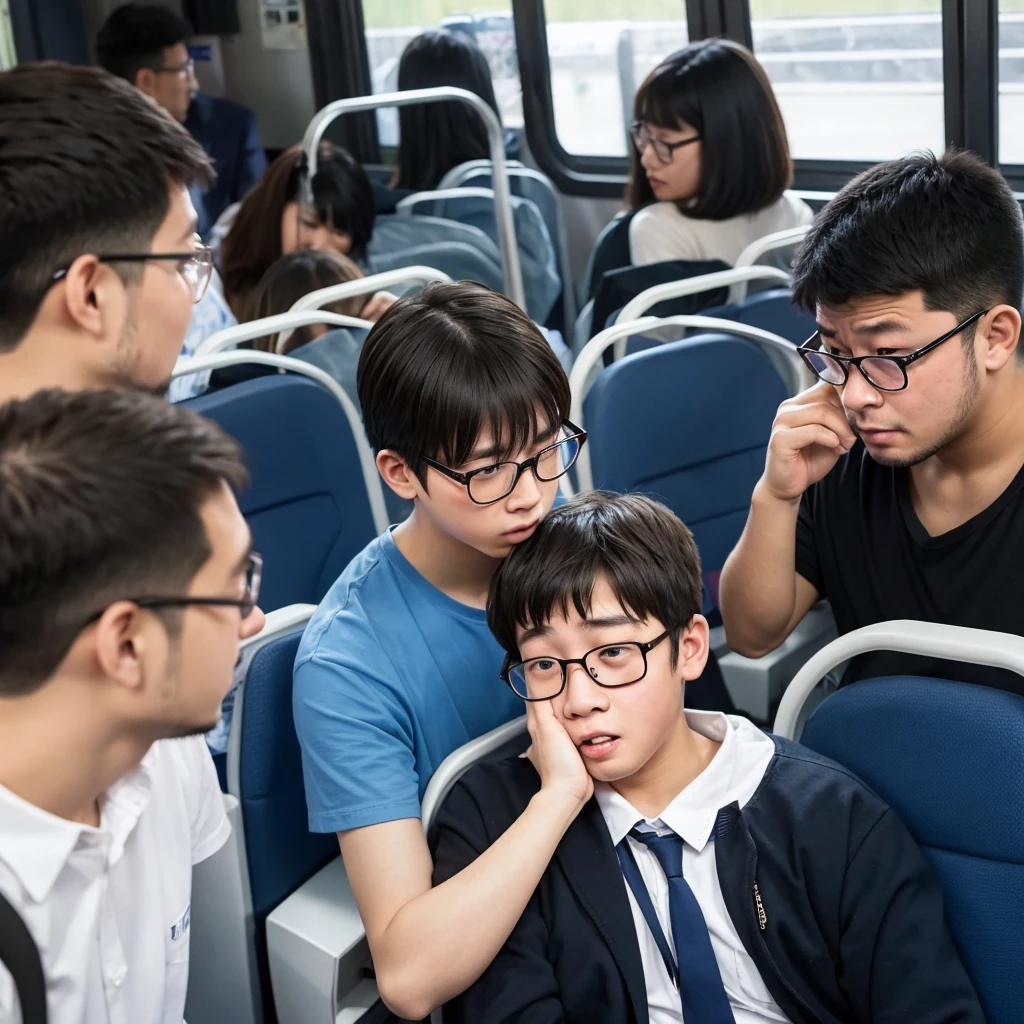 A fat, ugly young man wearing glasses is crying on the bus。No other passengers。
