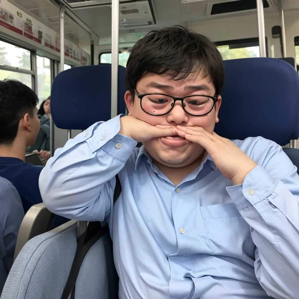 A fat, ugly young man wearing glasses is crying on the bus。No other passengers。