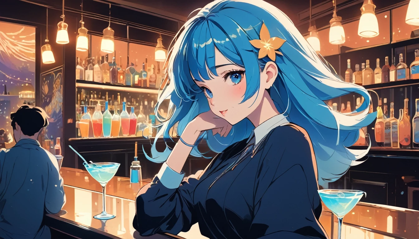 Beautiful woman,having a blue cocktail at the bar, Wide-angle lens, Lofi Anime, Lofi illustration, Aesthetic atmosphere, Lo-Fi Style, Vector art, Flat Design, Simple shape, Warm tones, Pleasant atmosphere, Chill, In anime style, Digital drawing, Vector art, Vector logo for t-shirt printing, (Adorable:1.5), (small:1.4), (Playful:1.2), (soft:1.3), (Whimsical:1.1), masterpiece, Highest quality, 8k, Intricate details, grow, Celestial, Mysterious, Picturesque, amazing, Majestic, Magic, Fantasy art, Cover art, dream-like