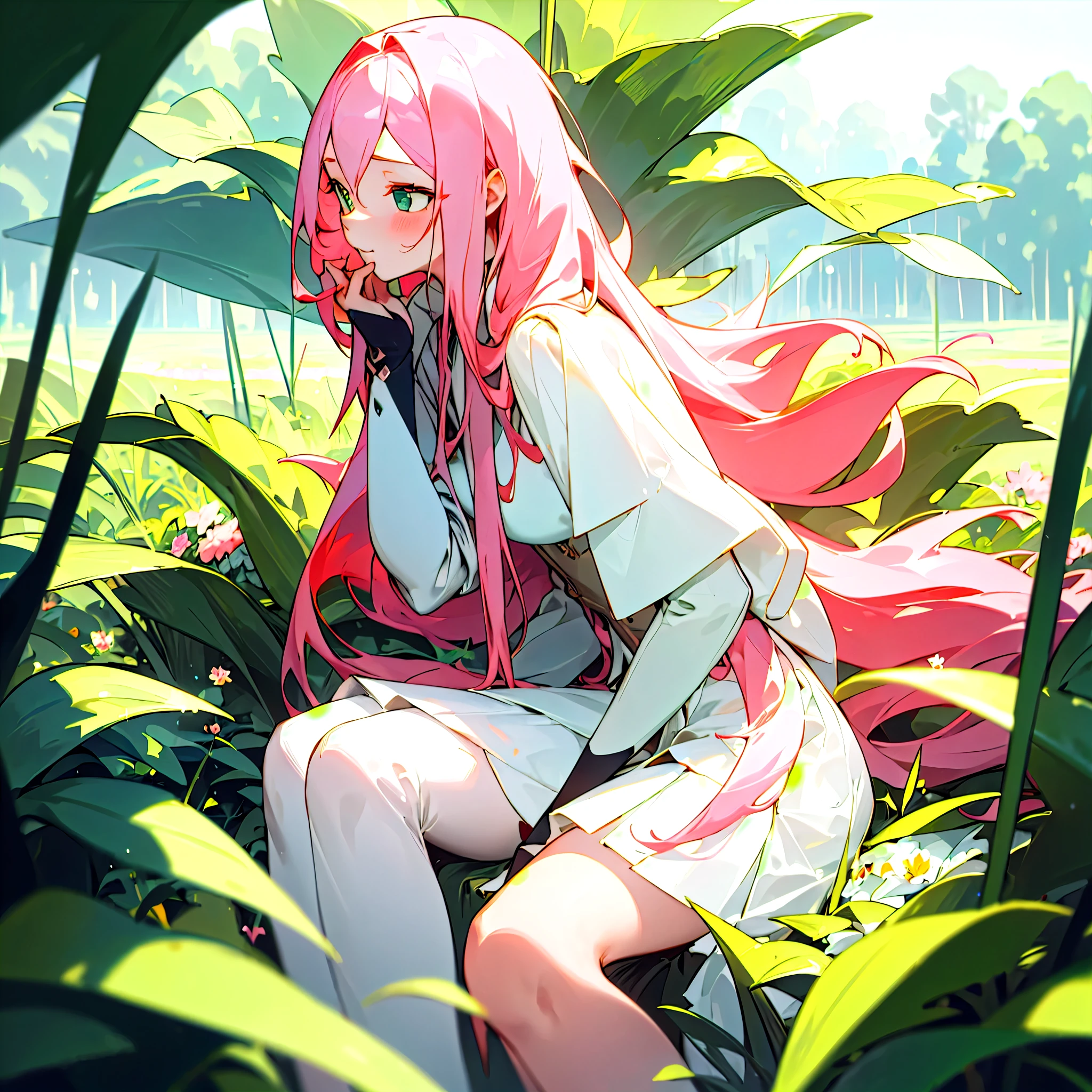 (masterpiece, best quality),candid view irresistable girl with long pink hair sitting in a field of green plants and flowers, her hand holding her skirt, volumetric lighting effwct white sexy outfit blurry foreground