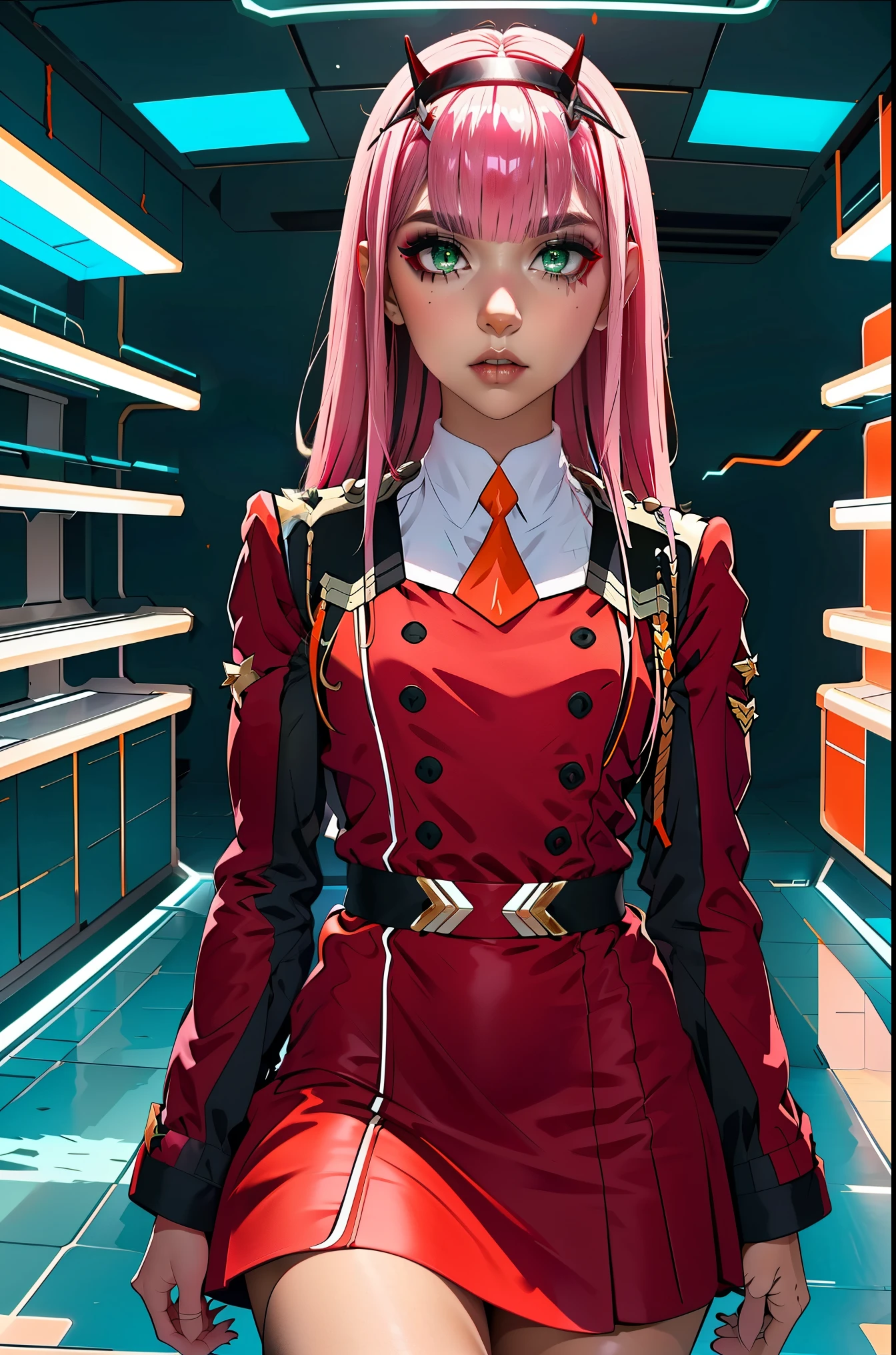 Zero-Two, Long straight and shiny pink hair, small white tiara with two small red horns, (white tiara), straight bangs cover the forehead, green eyes, mascara makeup, eyeshadow makeup, red military uniform with gold metal details on the shoulders, small story black with gold metal detail on the double buckle, white collar with small orange tie, six black buttons, three on each side on the front of the uniform, long red sleeves with black detail, , ((red skirt)), red skirt on top in black tight pants, inside a futuristic room with white neon lighting, teenagers in the background.