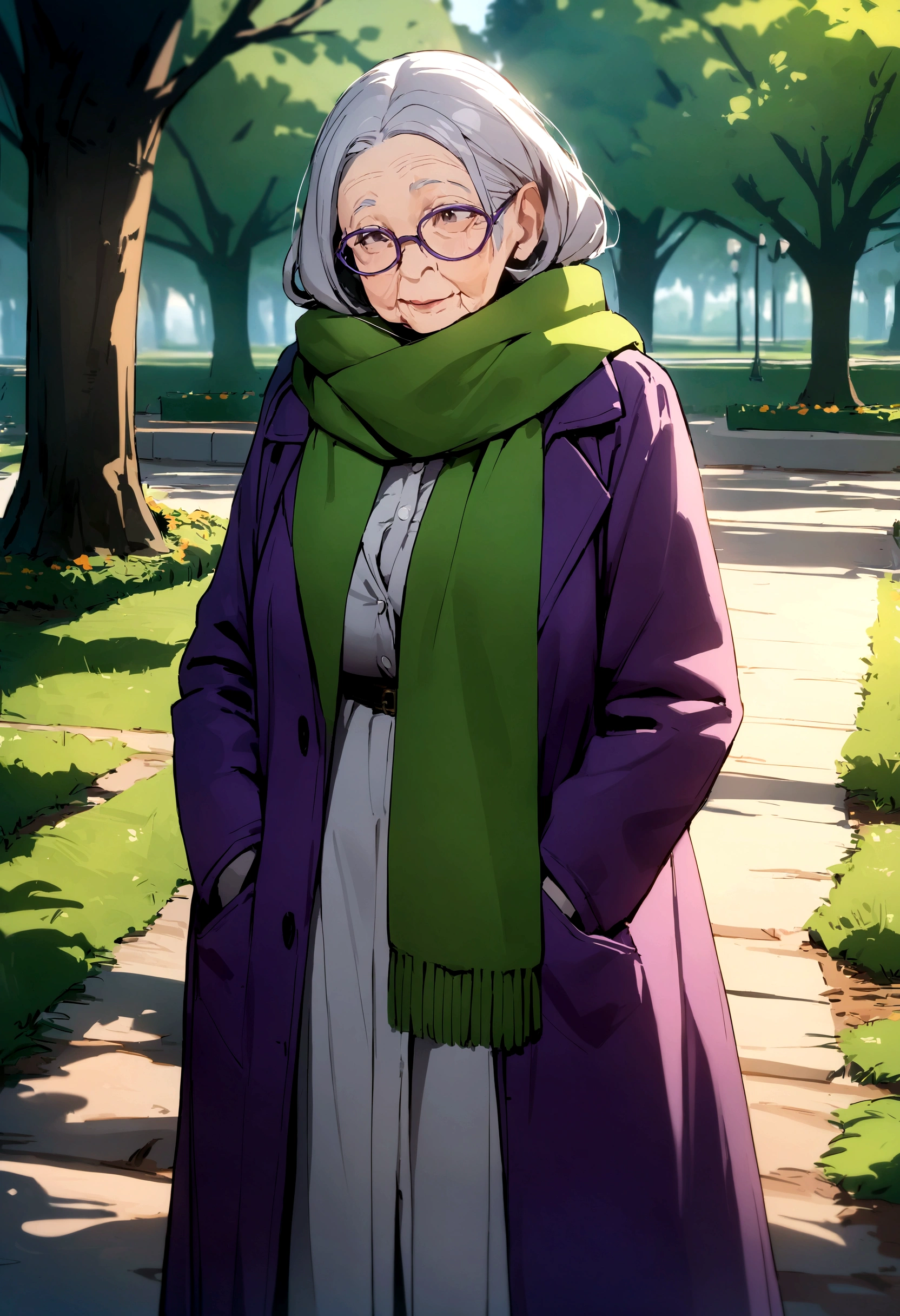 masterpiece, best quality, an old woman with glasses and a scarf on, wearing a purple coat and green scarf, standing at the park