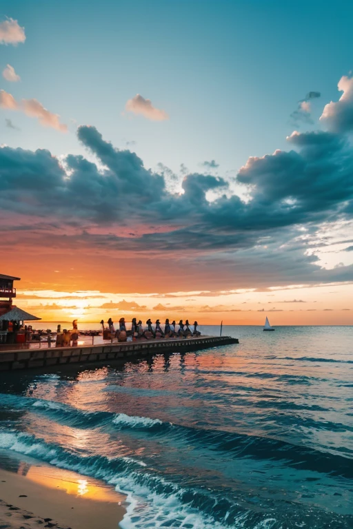 Oceans with tourists doing water activities at coastline with people selling fast food and sunset and some birds flying up and sone coconut trees hd image with high quality