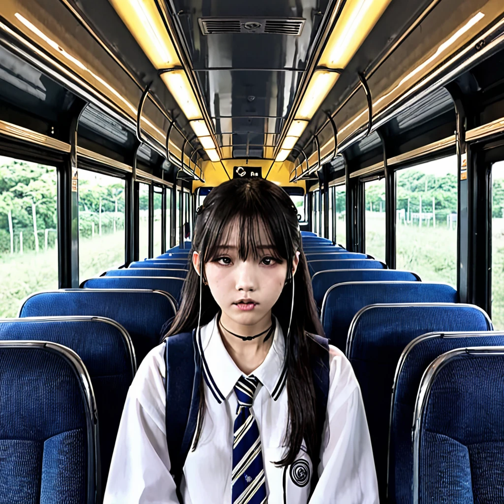 School is over、I was tired and got on the bus.、I was sitting in the back seat listening to music.。「fear」　「Creepy atmosphere」