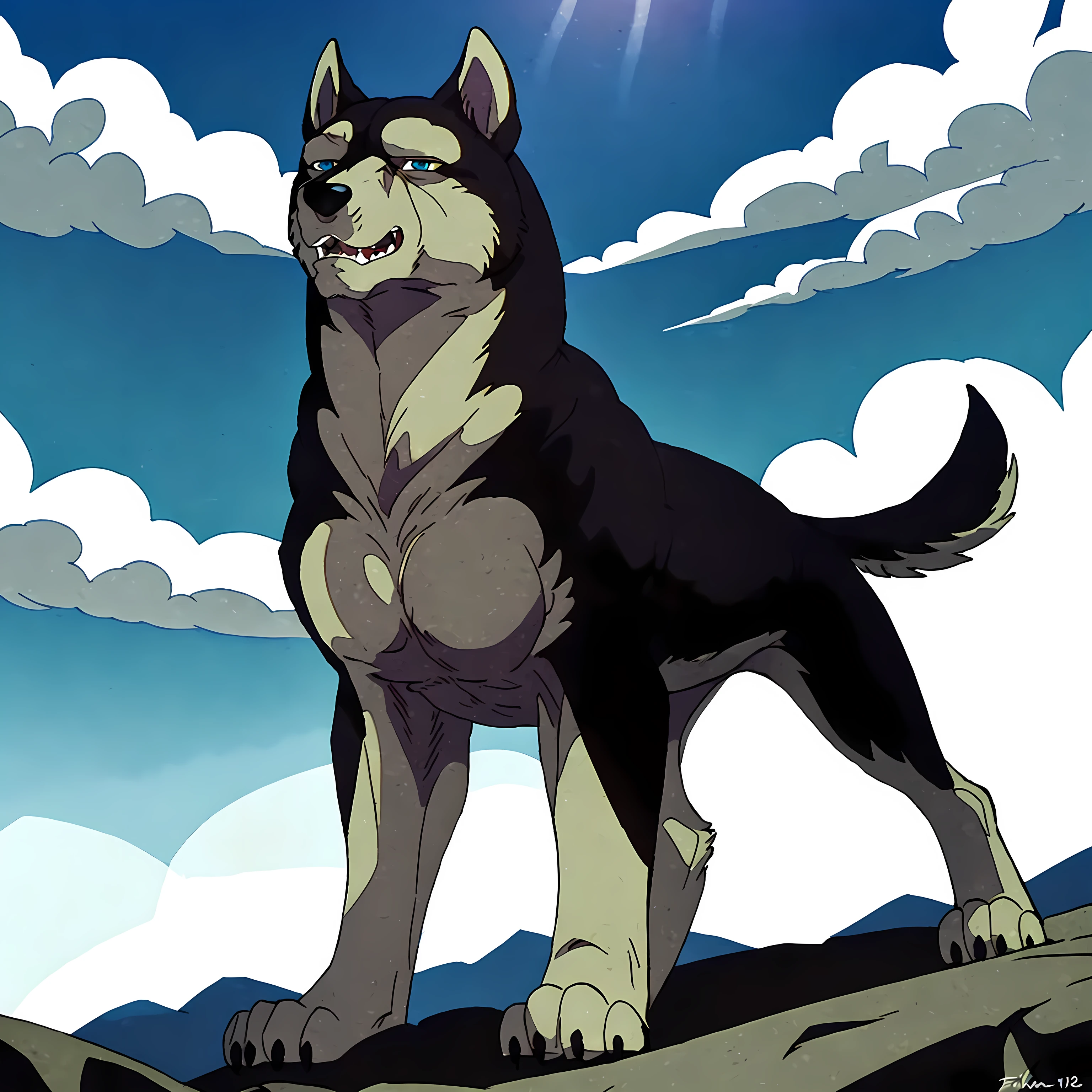 kisaragi (ginga), male, masculine, feral:1.1, quadruped, full body, (muscular forelegs, muscular neck, muscular shoulders, muscular hindlegs, muscular feral):1.5, (pectorals, biceps):1.1, paws, detailed, high quality, best resolution, solo, posing, standing, (forest background, mountains, blue sky, clouds, day, sunrays, blurry background):1.1, shadow on ground, dog tail, by wfa, by seibear, by rossciaco, by taran fiddler, by echin:0.5, cel shaded, proud, majestic, detailed eyes, blue eyes